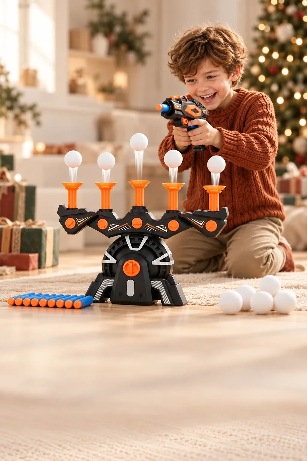 A child laughing while playing with HoverBlast Pro on a cozy holiday morning
